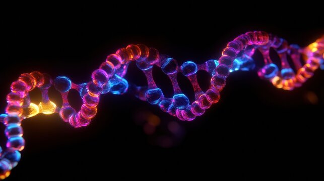A glowing neon helix representing DNA synthesis and the interaction of molecules in genetic research