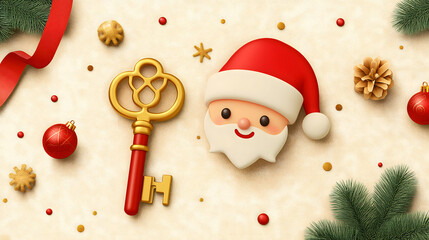 Charming Christmas Elements Featuring Santa, Decorative Key, Ornaments, and Festive Accents on a Soft Background for Holiday Celebrations