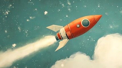 Fototapeta premium Retro rocket soaring through space, leaving a fiery trail.