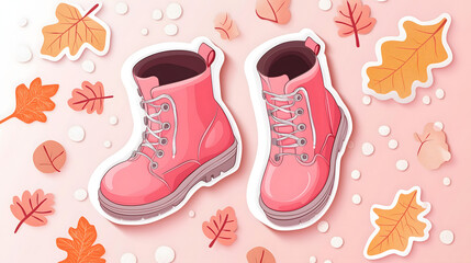 Colorful Pink Boots Surrounded by Autumn Leaves and Pebbles on a Soft Pink Background, Perfect for Fashion and Seasonal Themes in Creative Imagery