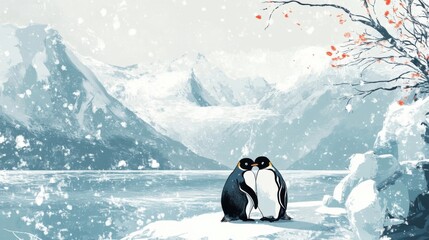 Penguin couple cuddling on a snowy patch of ice with a picturesque glacier behind them