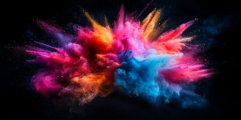 Fototapeta premium Vibrant multicolor powder explosion creates a stunning display on a black background. This colorful dust cloud emerges, capturing the essence of a paint Holi celebration with vivid bursts of color.