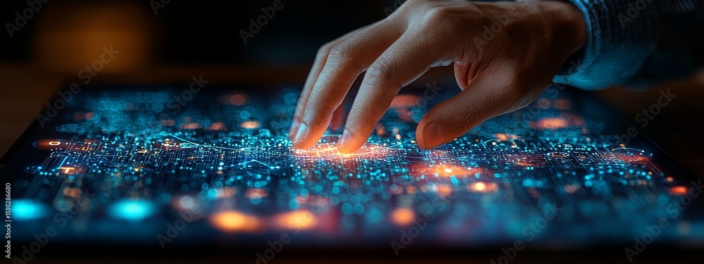 Poster utilizing machine learning with data technology, a businessman interacts with ai by touching a brain