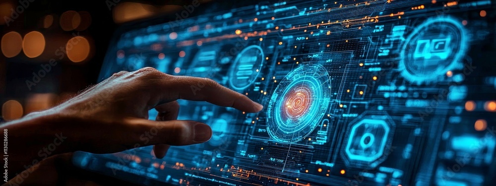 Poster the intersection of machine learning, data technology, and iot is illustrated as a businessman touch