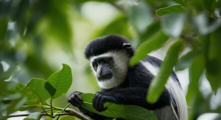Obraz premium Black and white colobus monkey in verdant jungle environment