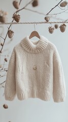 Studio-style Knitted Sweater, Textured Patterns, High Neckline on Blurred Background with Warm Tones, Festive Elements for Winter Fashion
