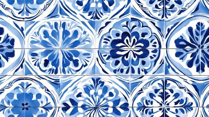 Seamless Pattern with Santorini-Inspired Blue and White Tile Designs Intricate blue and white geometric patterns and delicate floral motifs are arranged in a sophisticated and elegant style.