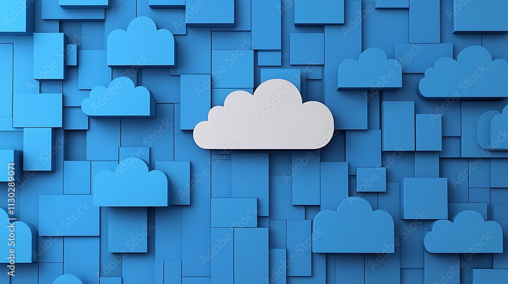Poster abstract blue background with 3d clouds and geometric shapes for creative design projects