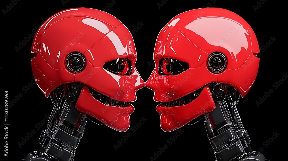 Poster futuristic robots with red heads facing each other in a dramatic close-up perspective