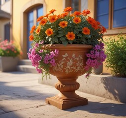 Vibrant flower-adorned planter against a sunny backdrop, flora, succulents, sun-kissed