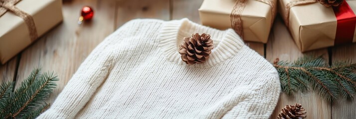 Holiday Festive banner, Rustic Knitted Sweater with Christmas Presents, Pine Cones, Wooden Background for Marketing Materials