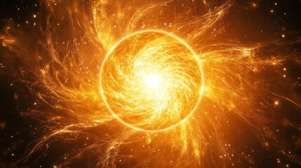 Obraz premium cosmic energy ball, pulsating golden light, spiraling atomic particles, deep space background, brilliant central core, flowing particle streams, metaphysical energy sphere, abstract scientific