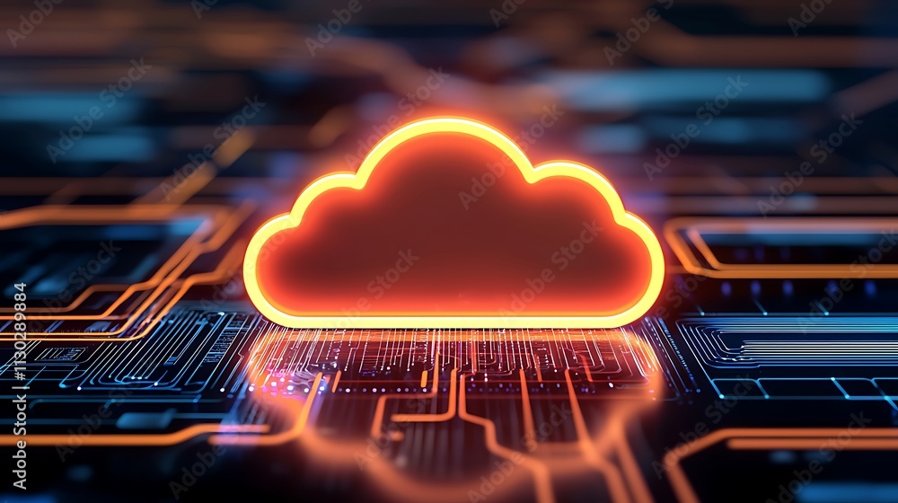 Poster futuristic cloud icon with neon light on circuit board background for technology concepts