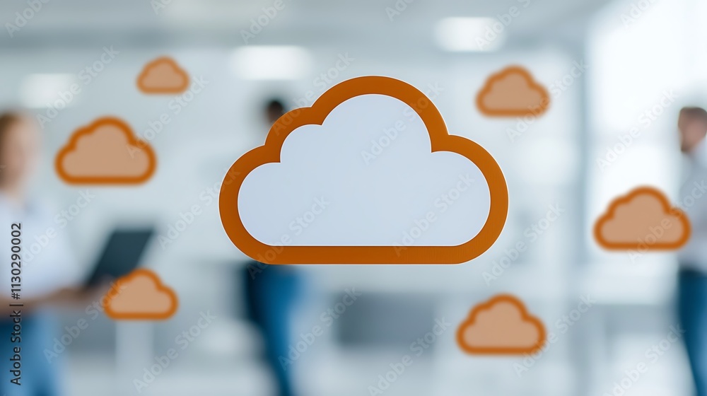 Poster cloud technology concept with abstract icons and blurred office background