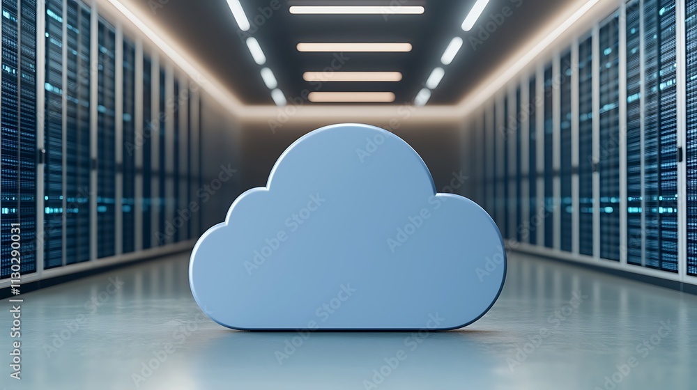 Poster modern cloud storage icon in futuristic data center with server racks in background
