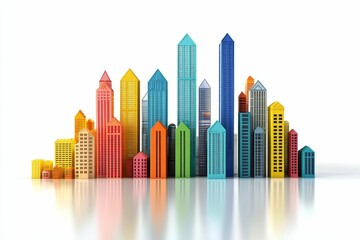Obraz premium Colorful city skyline, reflected, modern buildings.