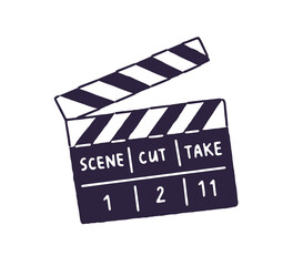 Naklejka premium Icon of cinema clapboard. Black clapperboard, filmmaking cut, clip, state. Movie clap board. Sign of clapper. Cinematography, television symbol. Flat isolated vector illustration on white background