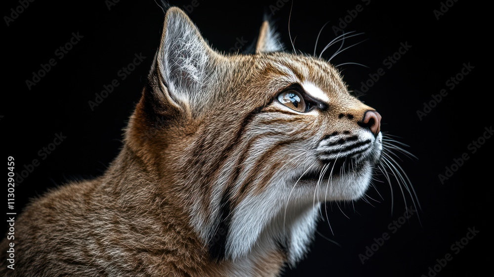 Poster a close-up of a lynx gazing upward with intense focus against a dark background.