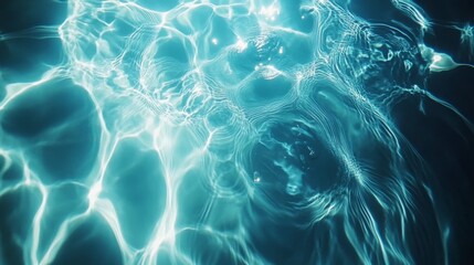 Dynamic water light web, pristine pool surface, brilliant aqua patterns, professional underwater photography, natural sunlight dance, crystal clear ripples, marine blue palette