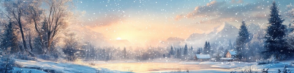 Winter banner, Tranquil Lake with Frozen Surface, Snowy Landscape, Sunrise or Sunset