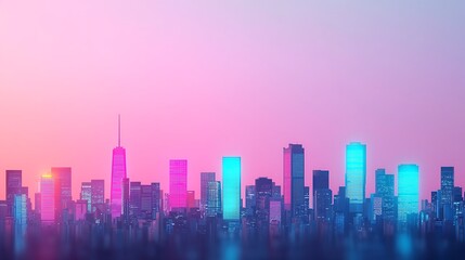 Fototapeta premium Vibrant Urban Skyline at Dusk with Colorful Lights and Soft Pink Sky