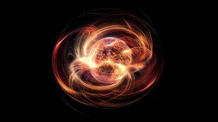 ethereal light orb, swirling electron trails, intense central glow, dark atmospheric void, particle energy streams, atomic vortex design, mystical sphere visualization, golden quantum illustration,