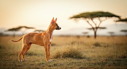 Elegant dog with pointed ears in african savanna landscape with acacia trees
