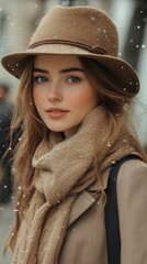 Elegant Fashionable Woman, Brown Banded Hat, Geometric Scarf, Neutral Coat and Boots, Wavy Hair, Subtle Makeup, Urban Environment, Direct Camera Gaze, Soft Lighting, Balanced Composition