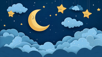 Cute and Cheerful Night Sky with Moon and Stars Floating Among Fluffy Clouds in a Whimsical Cartoon Style Ideal for Children's Designs and Illustrations