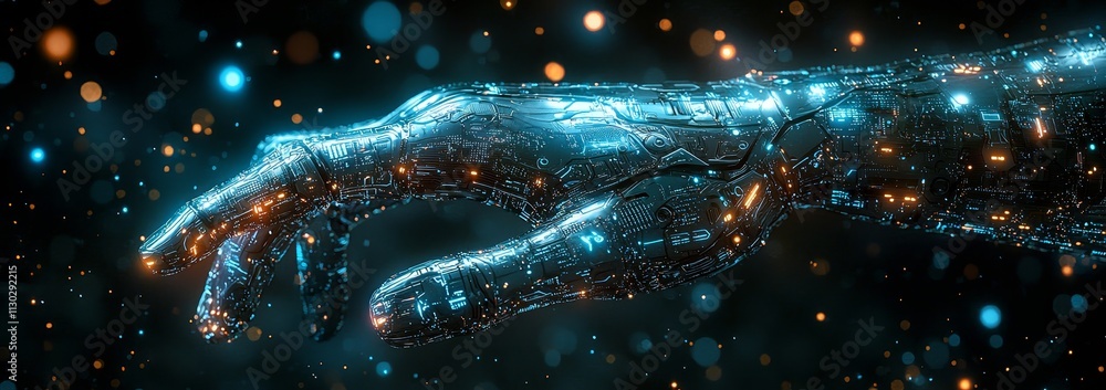 Poster a robot hand interacts with a network of big data, symbolizing ai-driven development and machine lea