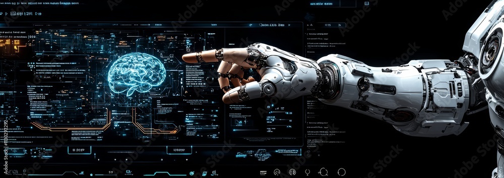 Poster a futuristic backdrop of innovation in science and technology features a robotic hand engaging with 