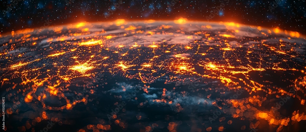 Poster a worldwide network of devices, managed by a central ai core, processes data, creating a swirling vo