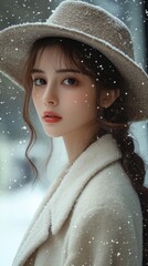 Young Woman in Oversized Coat, White Blouse, and Straw Hat, Contemplating in the Snow, for Fashion Advertising or Editorial Content