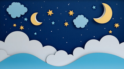 Whimsical Night Sky Scene with Clouds, Stars, and Moons in Soft Pastel Colors for Children’s Decor and Imaginative Play