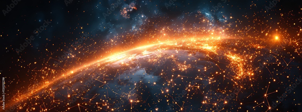Poster a captivating visualization of a global network, where illuminated lines and nodes represent contine
