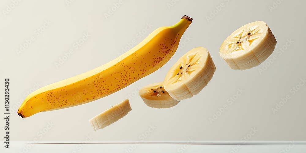 Poster a whole banana and three slices of banana floating in the air.