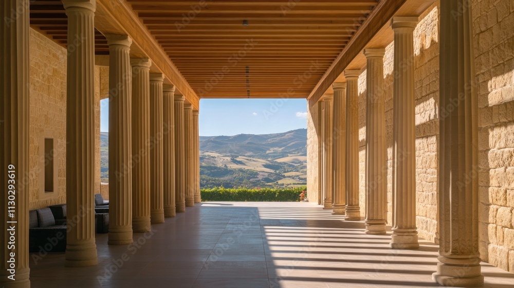 Poster a serene corridor with columns leading to a scenic landscape view.