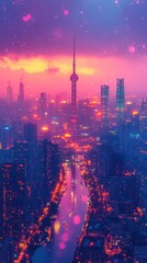 Obraz premium A vibrant city skyline at sunset, showcasing lights and reflections along a river.