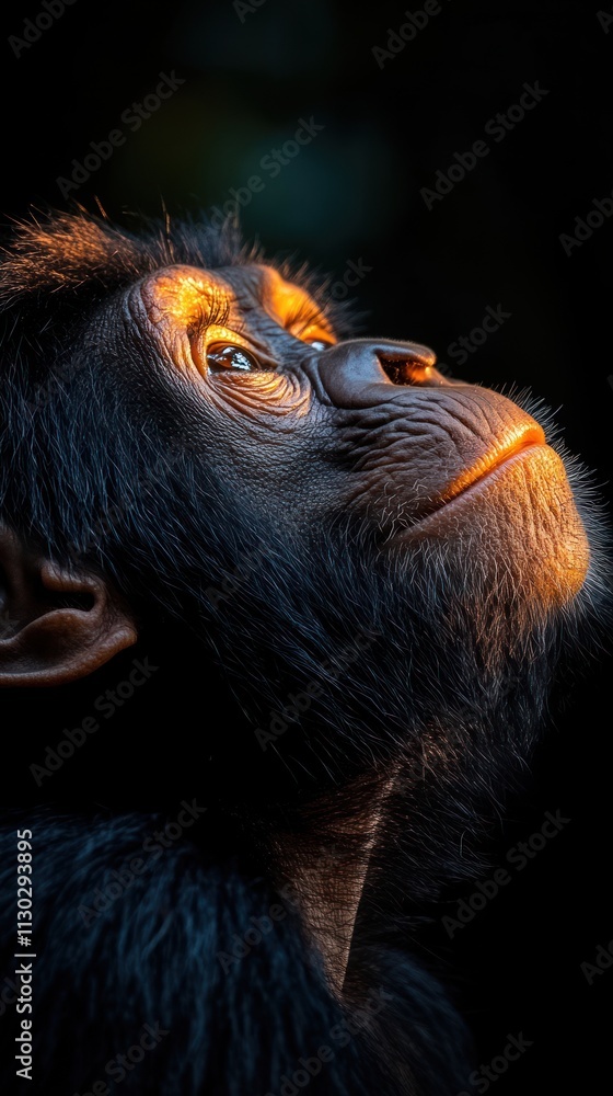 Poster a close-up of a monkey gazing upward, illuminated by soft light.