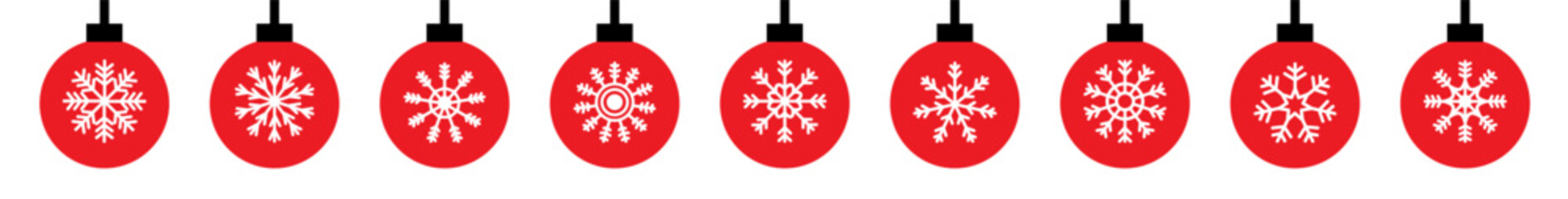 Obraz premium Christmas ball set. Christmas tree toy decoration. Red color, snow flake pattern. Round shape. Cute colorful bauble toy collection. New Year sign symbol. Flat design. White background. Vector