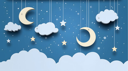 Whimsical Night Sky with Hanging Moon and Stars on a Cloudy Background Ideal for Children's Themes and Sleep Environment Designs