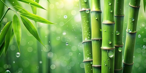Lush Green Bamboo Stalks with Dew Drops and Vibrant Leaves in a Tranquil Forest Setting