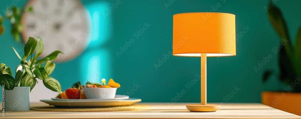 Poster a vibrant table setting featuring a yellow lamp, colorful fruits and a backdrop of teal, creating a 