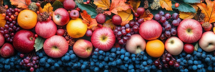 Fresh Produce Arrangement, Vibrant Fruits with Autumn Leaves Backdrop for Advertising