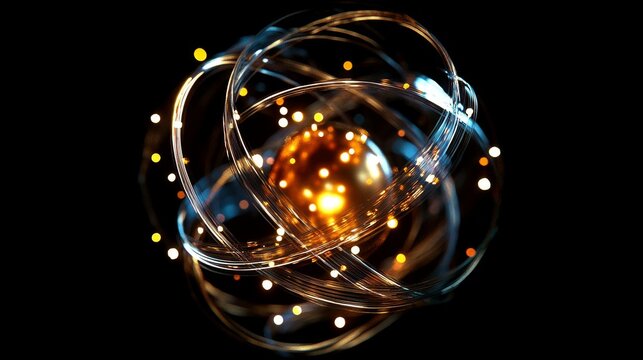 luminous atomic sphere, radiating golden particles, spiral energy streams, pitch black cosmos, brilliant core light, abstract quantum visualization, dynamic particle flow, metaphysical energy art,