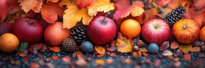 Autumn Harvest Tableau, Red Apples and Orange Oranges against Fallen Leaves Backdrop, for Seasonal Advertisements or Food Photography