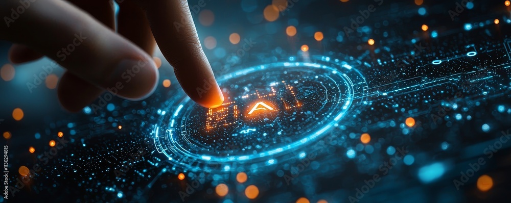 Poster a visionary digital concept showing a hand reaching for an ai microchip symbol, with abstract connec