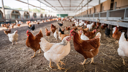 chicken farm with chickens walking around a large