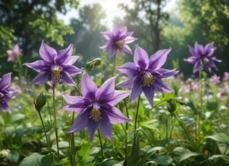 Aquilegia flowers swaying in the wind amidst lush greenery, purple, movement, gentle breeze