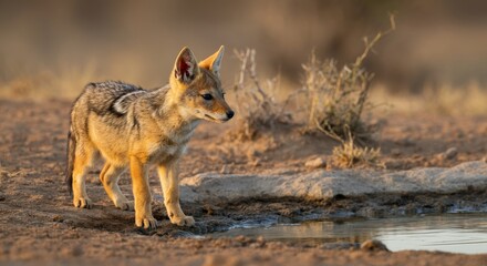 Obraz premium Curious young jackal exploring at sunset in african savanna for wildlife conservation